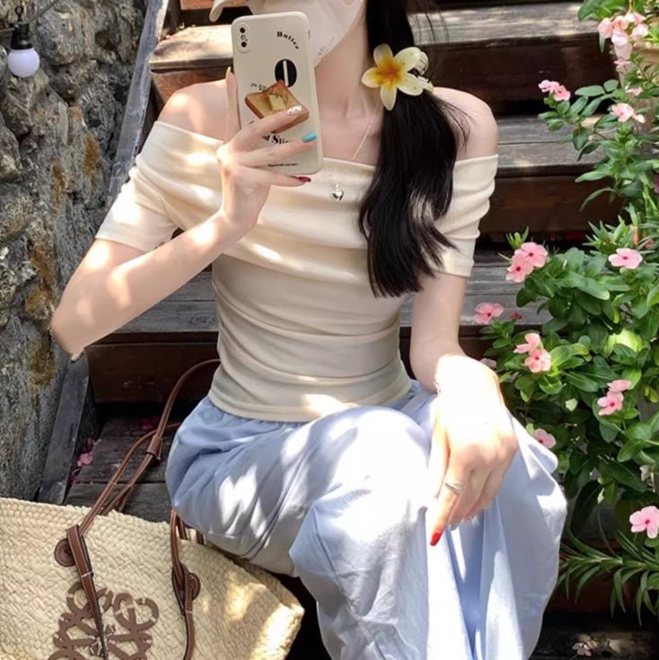 Ruffled Neckline T-shirt That Subtly Reveals Your Collarbone For A Pure Yet Alluring Look - TALIANA STORE