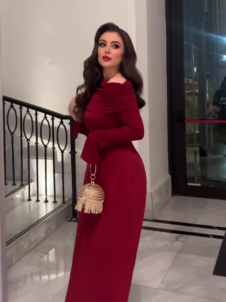 Burgundy Off-Shoulder Long-Sleeve Maxi Dress
