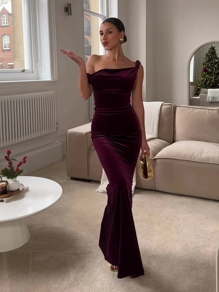 Burgundy Off-shoulder Velvet Fishtail Maxi Dress