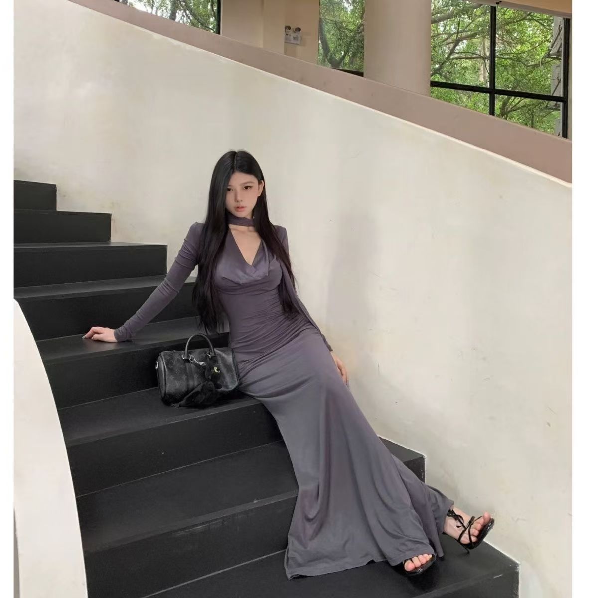 Elegant Cinched-waist Pleated Maxi Dress For Women