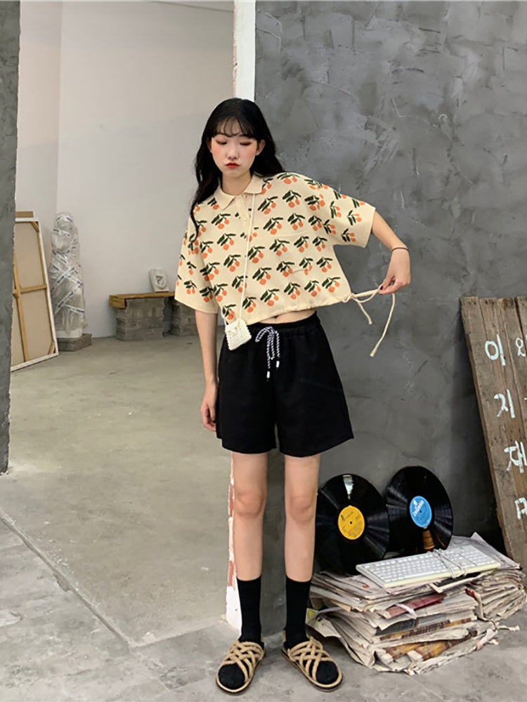 Upper Dress Drawstring Short Short-sleeved Short-sleeved Knitted T-shirt With Navel