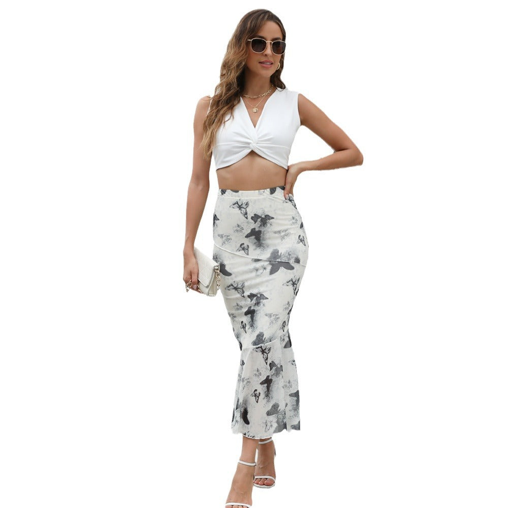 Printed Sexy Tight Double-layer Mermaid Maxi Dress