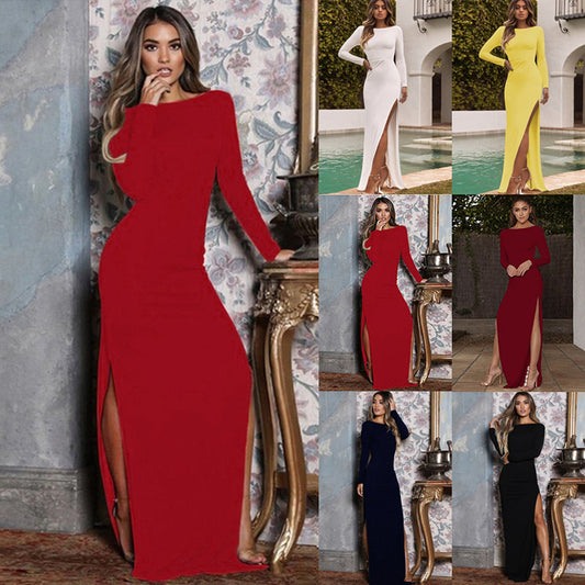 Solid color split long-sleeved maxi dress