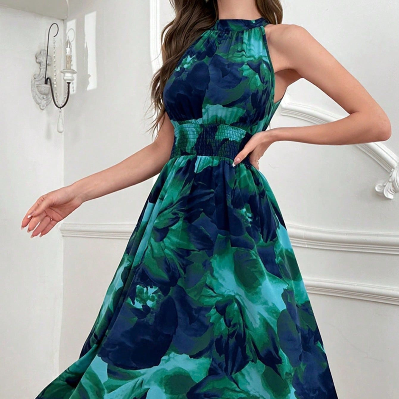Temperament Waist-high Collar Printed Sleeveless Maxi Dress