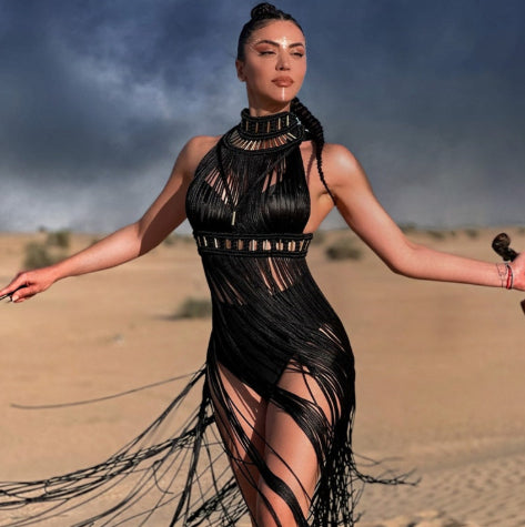 Womens Elegant Vintage Handwoven Tassel Maxi Dress