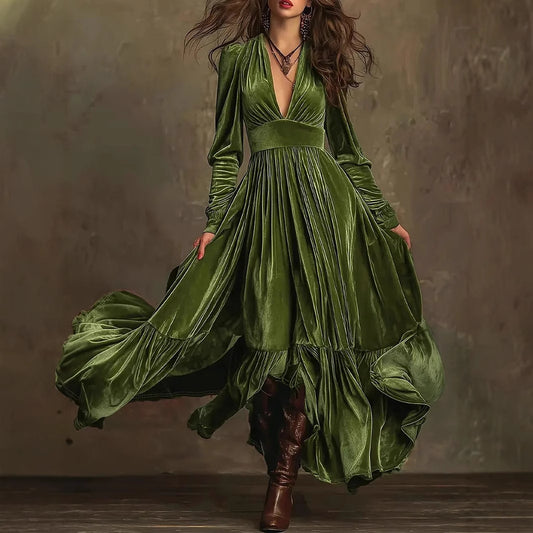 Retro Floor-length A-line Dress With Deep V-neck And Long Sleeves