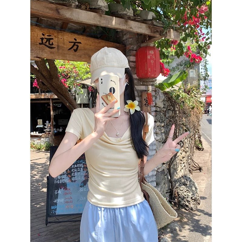 Ruffled Neckline T-shirt That Subtly Reveals Your Collarbone For A Pure Yet Alluring Look - TALIANA STORE