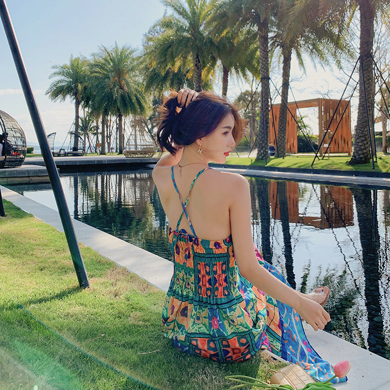 Bohemian Cross Back Tropical Maxi Summer Dress