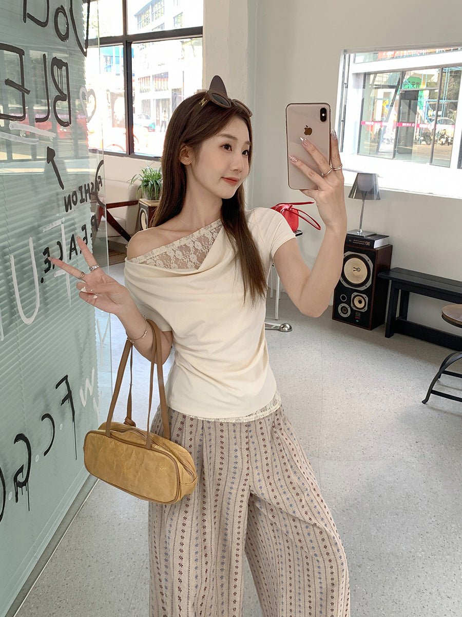 Korean Style Lace Stitching Swing Collar Off - shoulder Short Sleeve T-shirt - TALIANA STORE