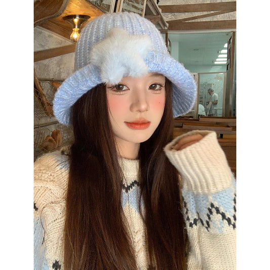 Korean - style Cute Plush Star Knitted Bucket Hat - TALIANA STORE