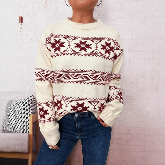 Holiday Christmas Sweater With Snowflake Jacquard Contrasting Colors And Crew Neck