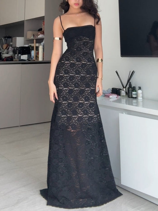 Black Lace See-through Maxi Dress