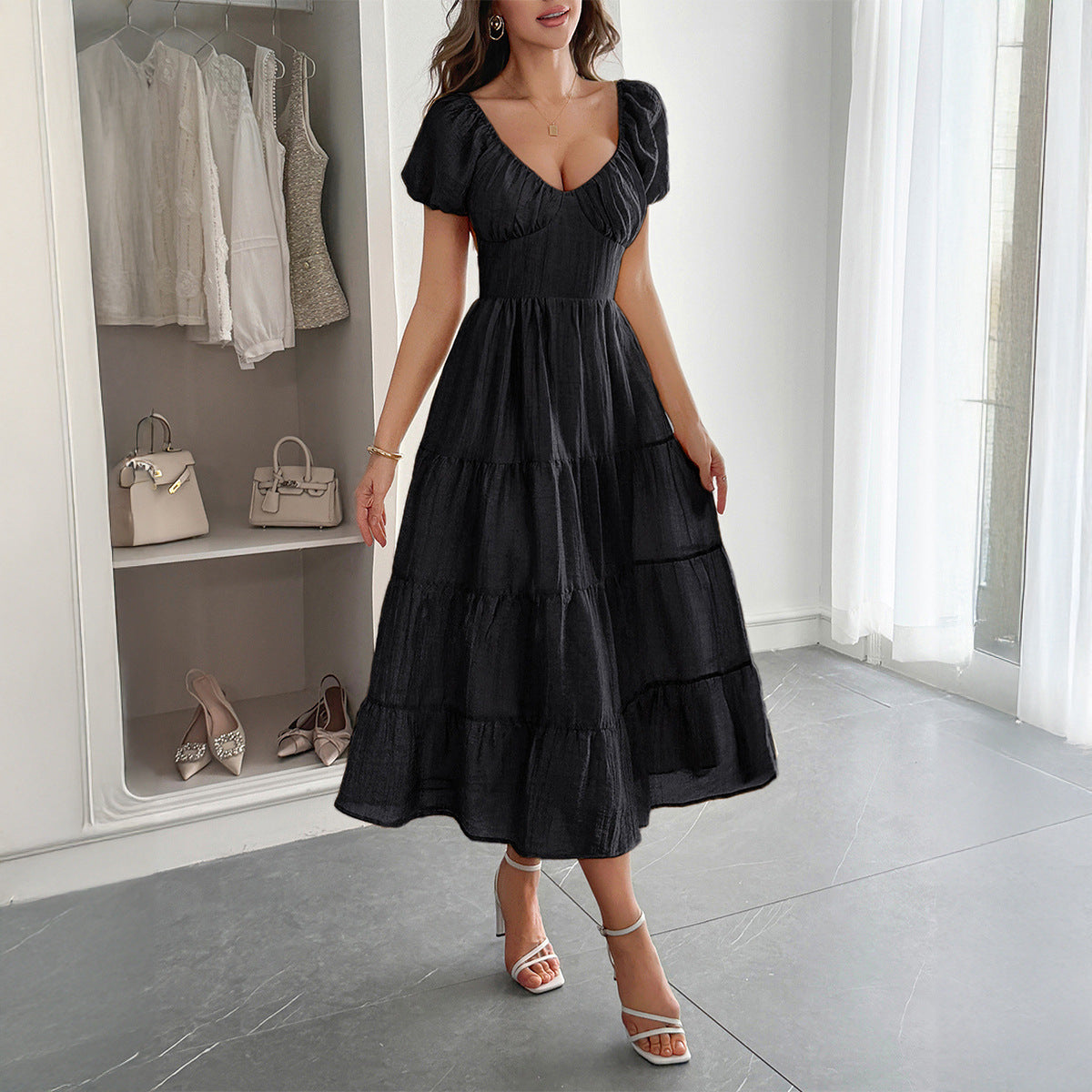 Casual Vacation Style Puff Sleeve Maxi Dress