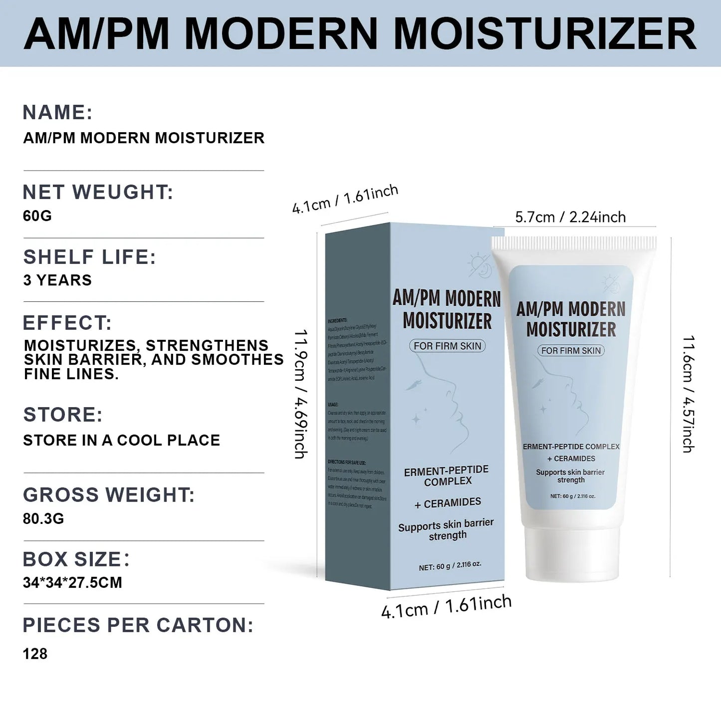 AM/PM Modern Moisturizer Hydrating Face Cream with Peptides, Ceramides for Dry, Sensitive, Combination Skin, Non-Greasy,60g