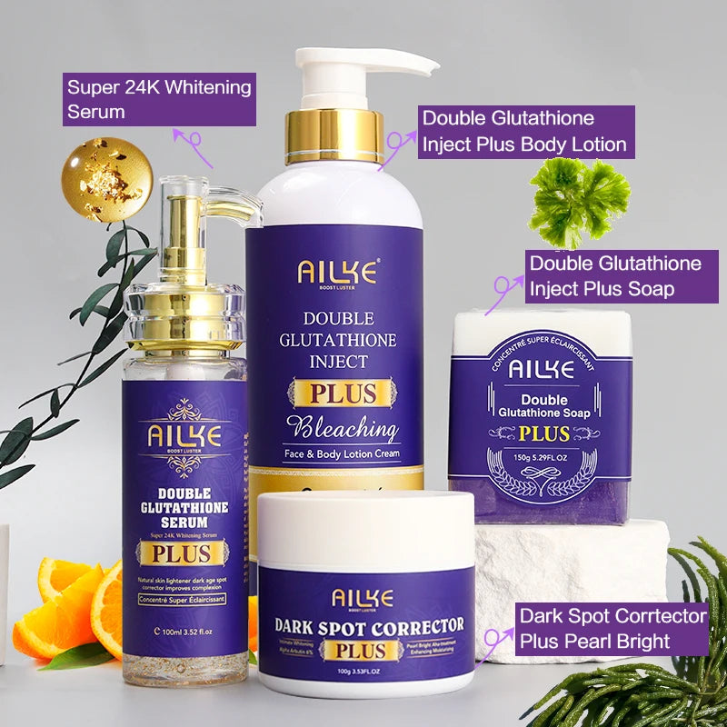 AILKE Glutathione PLUS Whitening Skin Care Set, Advanced Lightening Lotion, Moisturizes, Softens, Brighten Kit for Men, Women