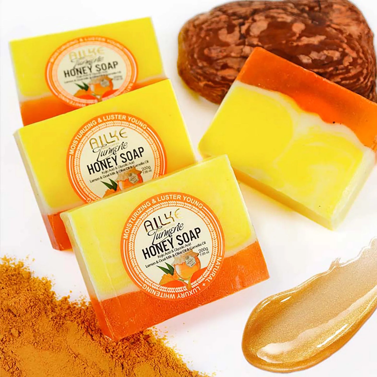 AILKE Natural Turmeric Honey Soap Cleanser, Lightening, Clean Skin, Remove Dark Spots, Stains, for Face and Body, 200g/7 oz