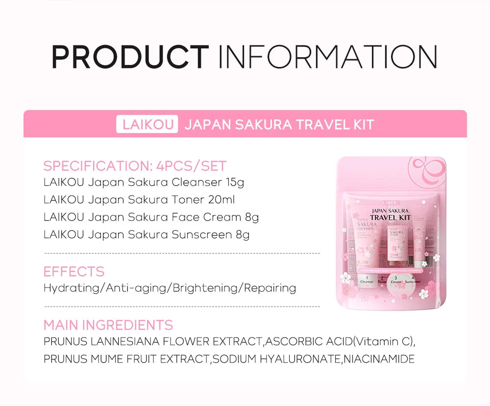 LAIKOU Sakura Skin Care Sets Facial Cleanser Face Cream Serum Toner Moisturizing Brightening Anti Wrinkles Skin Care Kit
