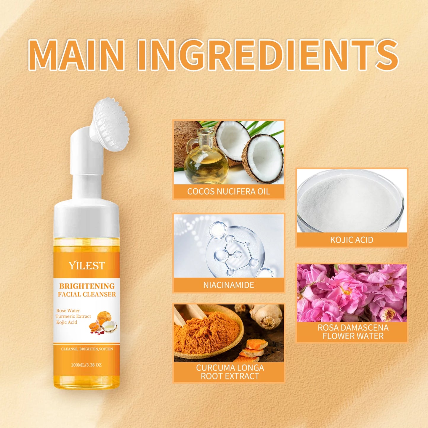 YILEST Brightening Facial Cleanser 100ml - with Kojic Acid, Turmeric & Rose Water, Soft Brush Head for Deep Cleansing, Acne Care