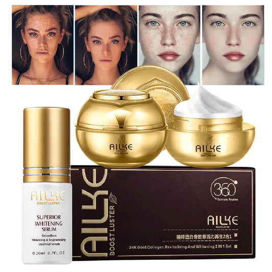 AILKE 24K Collagen Facial Whitening Set, Reduce Black Spots, Freckles, Brightening, Moisturizing Beauty Set For All Skin Types