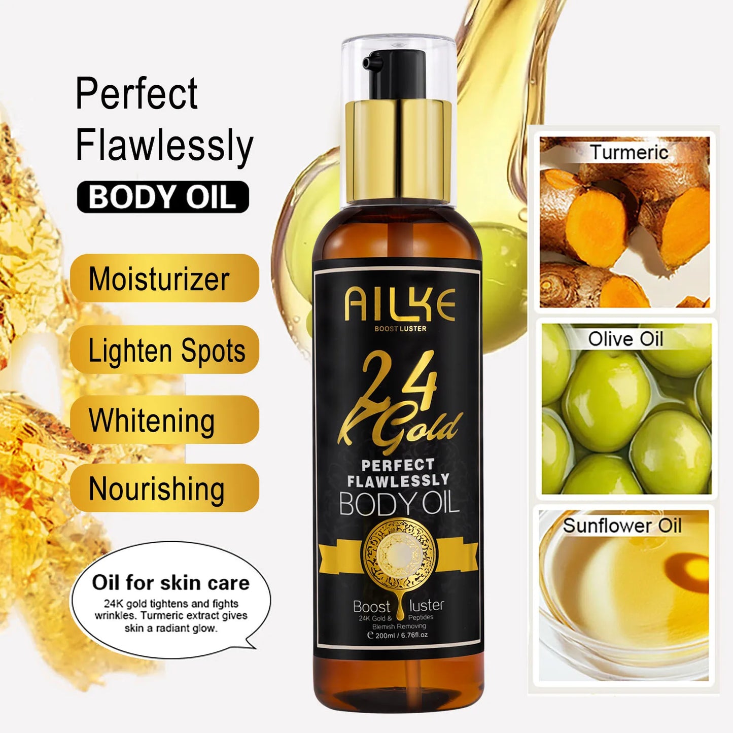 AILKE 24k Gold Flawlessly Whitening Skin Care Set For All Skin Type, Moisturizer, Reduce Black Spots, Smoothing, Brightening