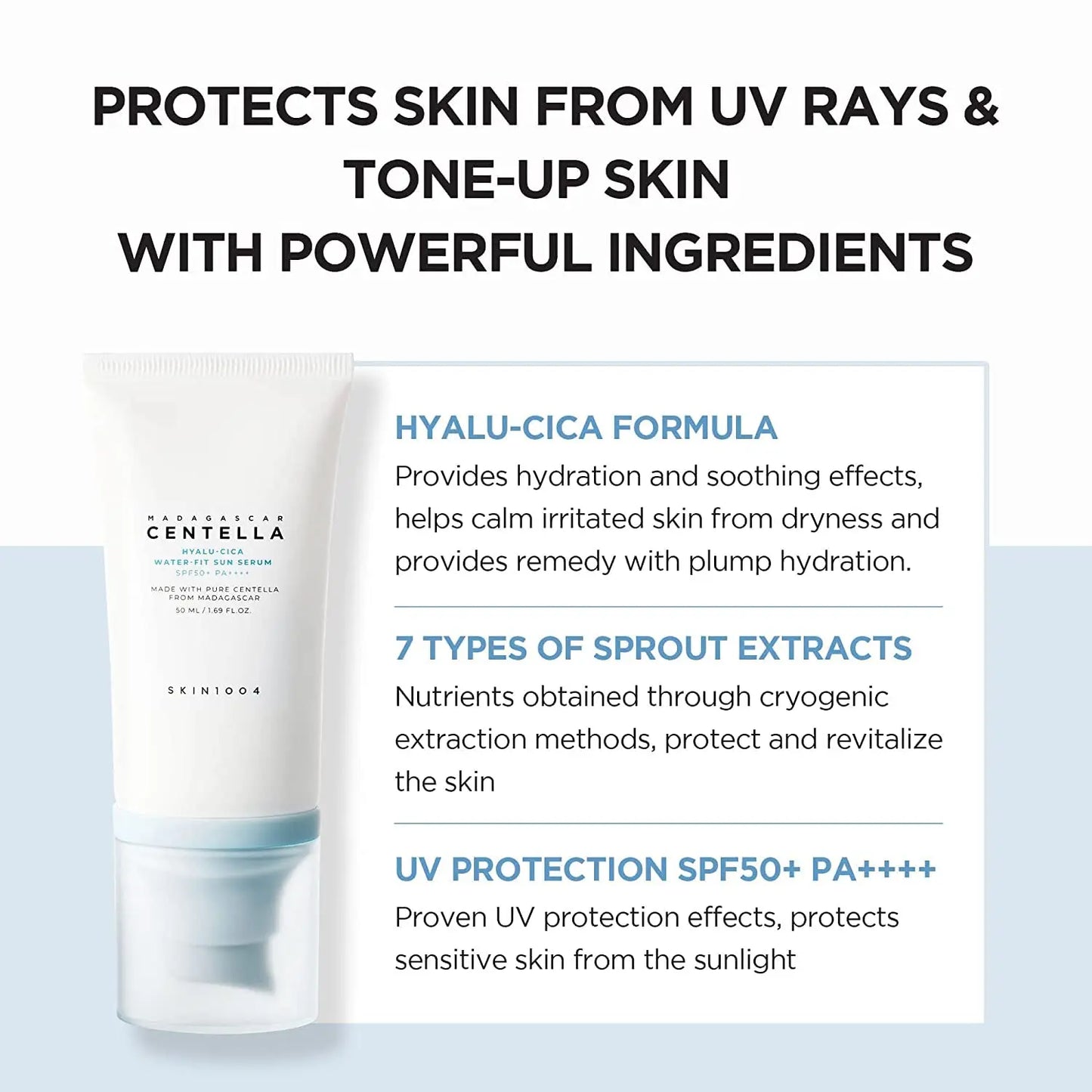 Skin1004 Korean Skincare Centella Sun Serum SPF50+ - Hyaluronic Acid UV Protection, Sensitive Skin
