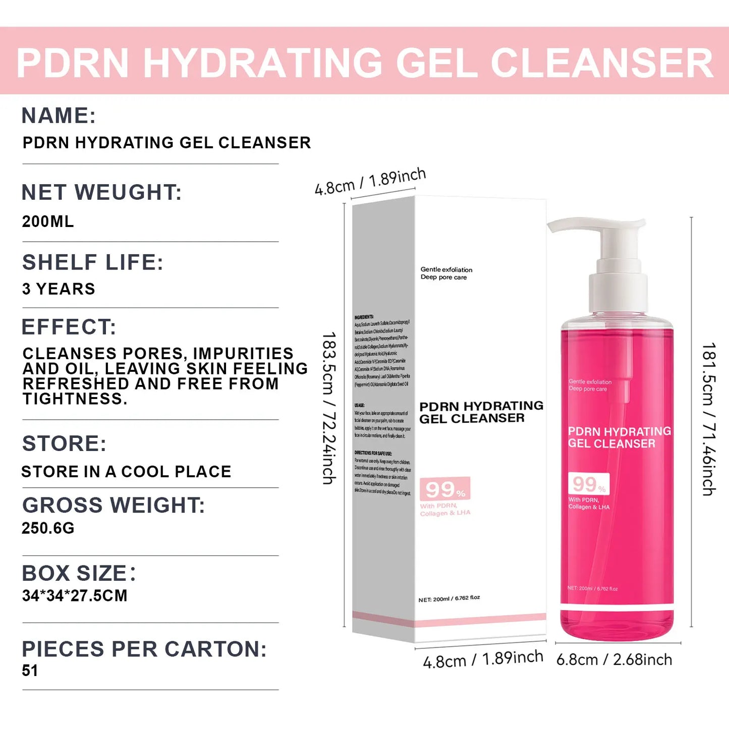 PDRN Hydrating Gel Cleanser, Salmon Pink Foam Cleansing Gel with PDRN & Collagen,Deep Cleansing,Gentle and Non-irritating, 200ml