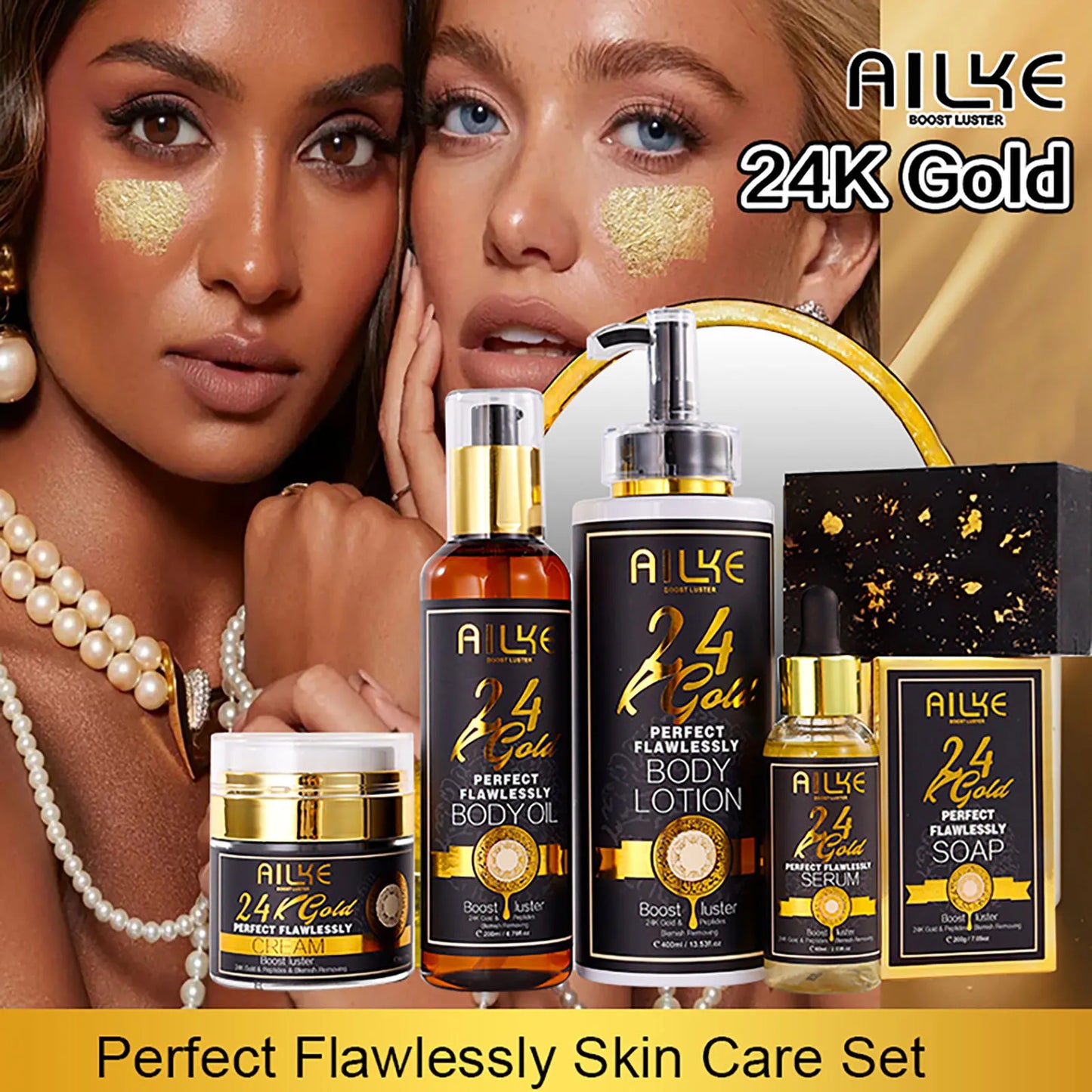AILKE 24K Gold Collagen Whitening Skin Care Set for All Skin Types, Remove Dark Spot, Wrinkles, Fine lines, Even Skin Tone