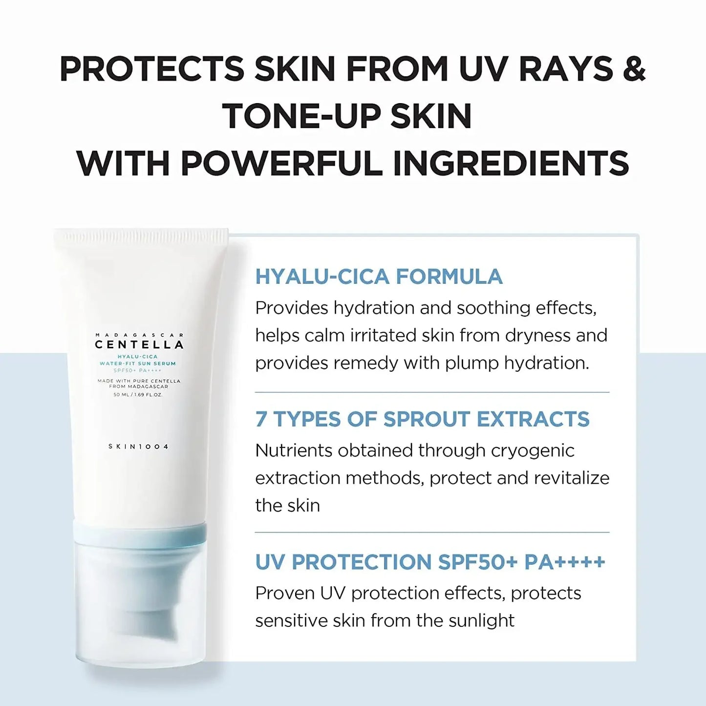 Skin1004 Korean Skincare Centella Sun Serum SPF50+ - Hyaluronic Acid UV Protection, Sensitive Skin