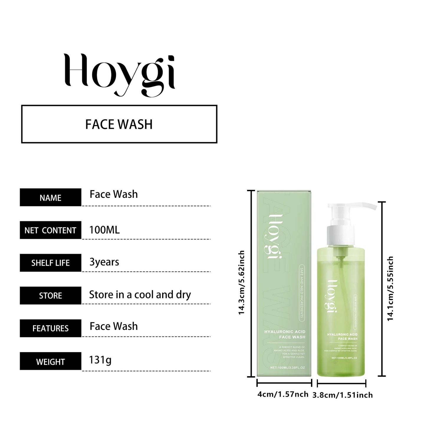 Hoygi Hyaluronic Acid Face Cleanser Gel Deep Pore Cleansing Moisturizing Non Drying Makeup Remover for Sensitive Skin 100ml