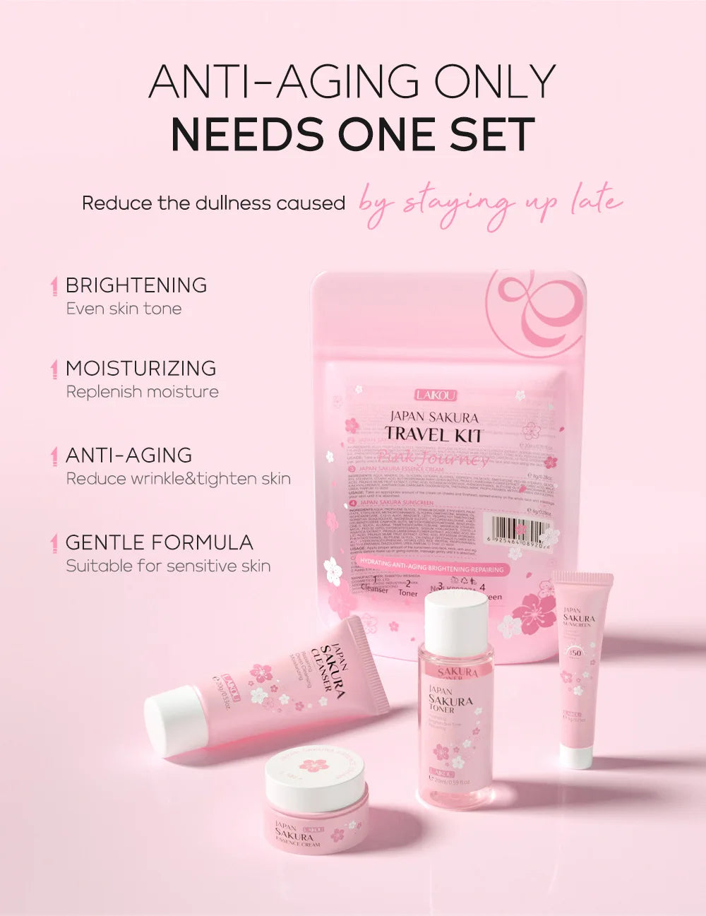 LAIKOU Sakura Skin Care Sets Facial Cleanser Face Cream Serum Toner Moisturizing Brightening Anti Wrinkles Skin Care Kit