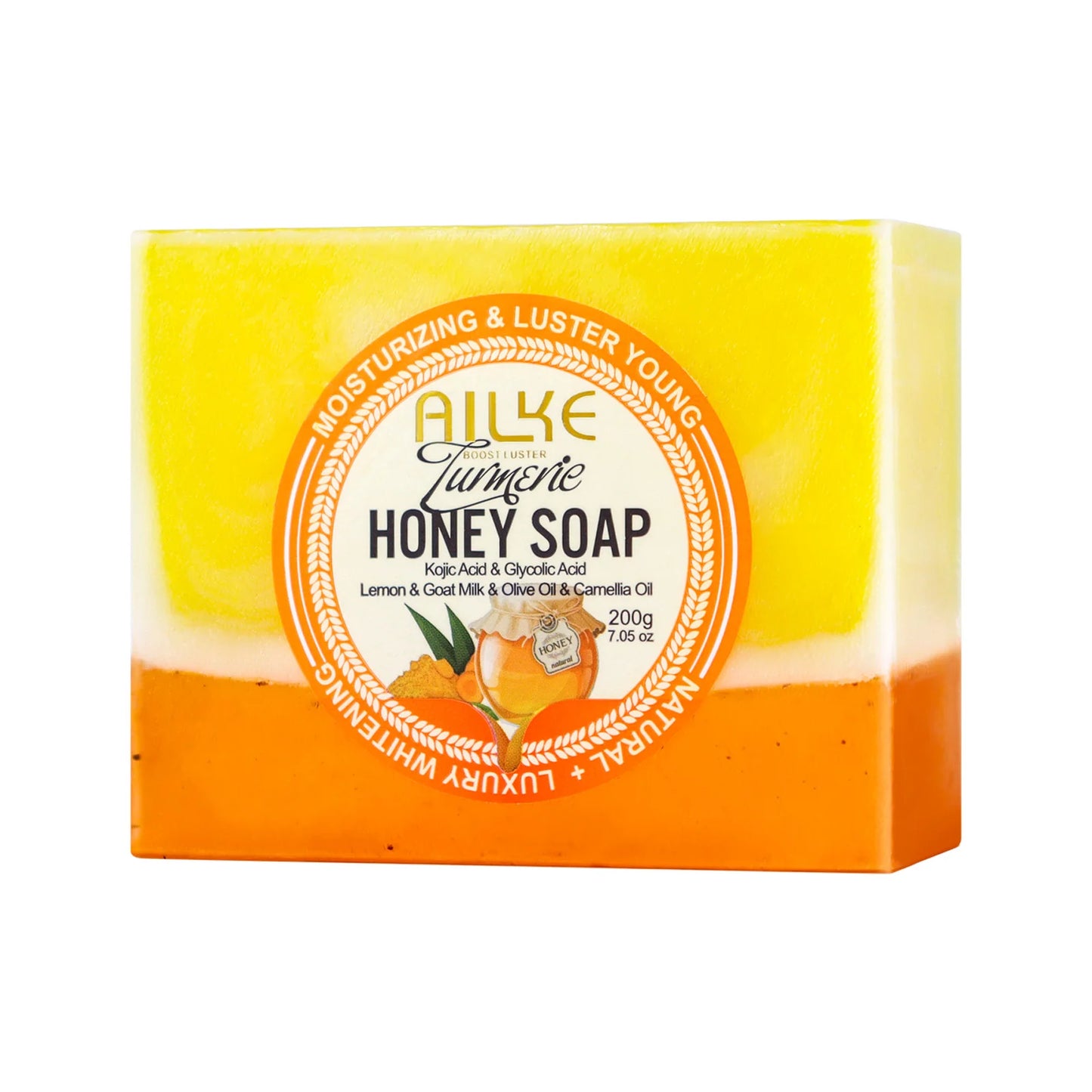 AILKE Natural Turmeric Honey Soap Cleanser, Lightening, Clean Skin, Remove Dark Spots, Stains, for Face and Body, 200g/7 oz