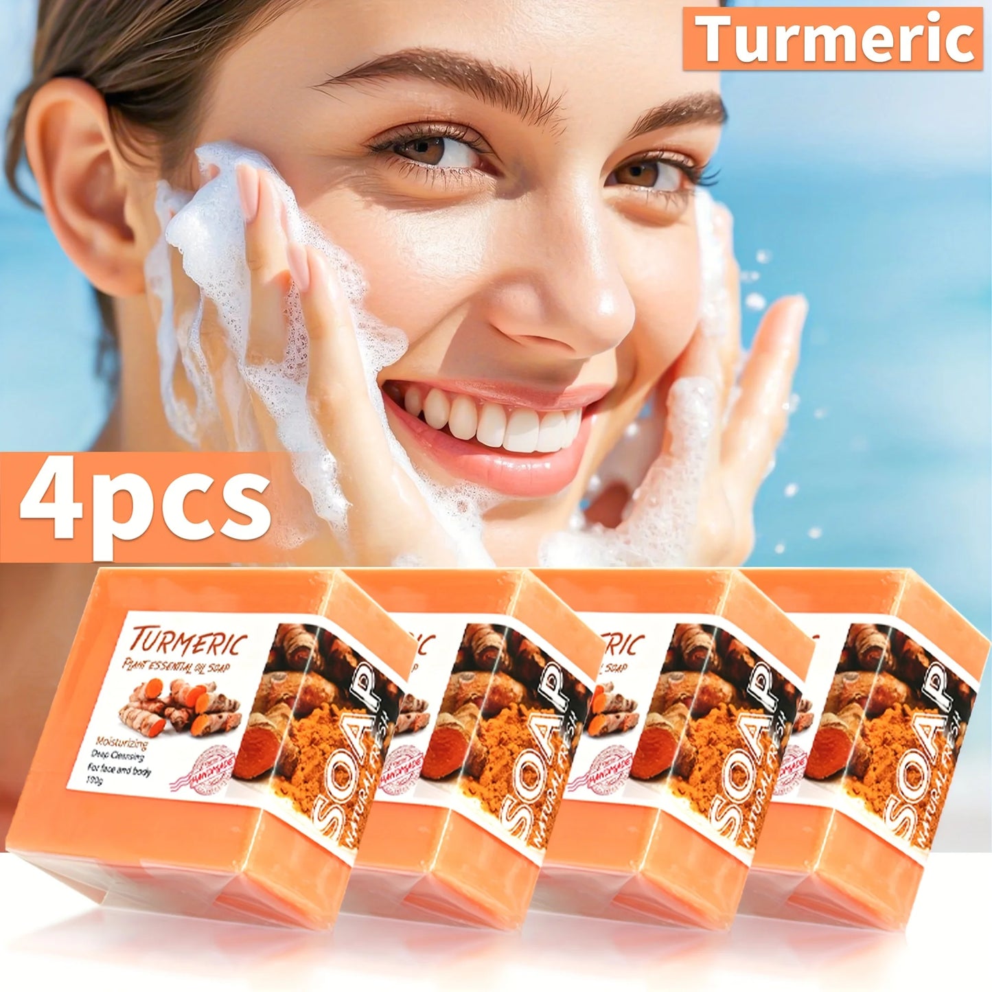 4 piece / Turmeric Cleansing Essential Oil Handmade Soap Skin Deep Cleansing Hydrating Whitening Soap