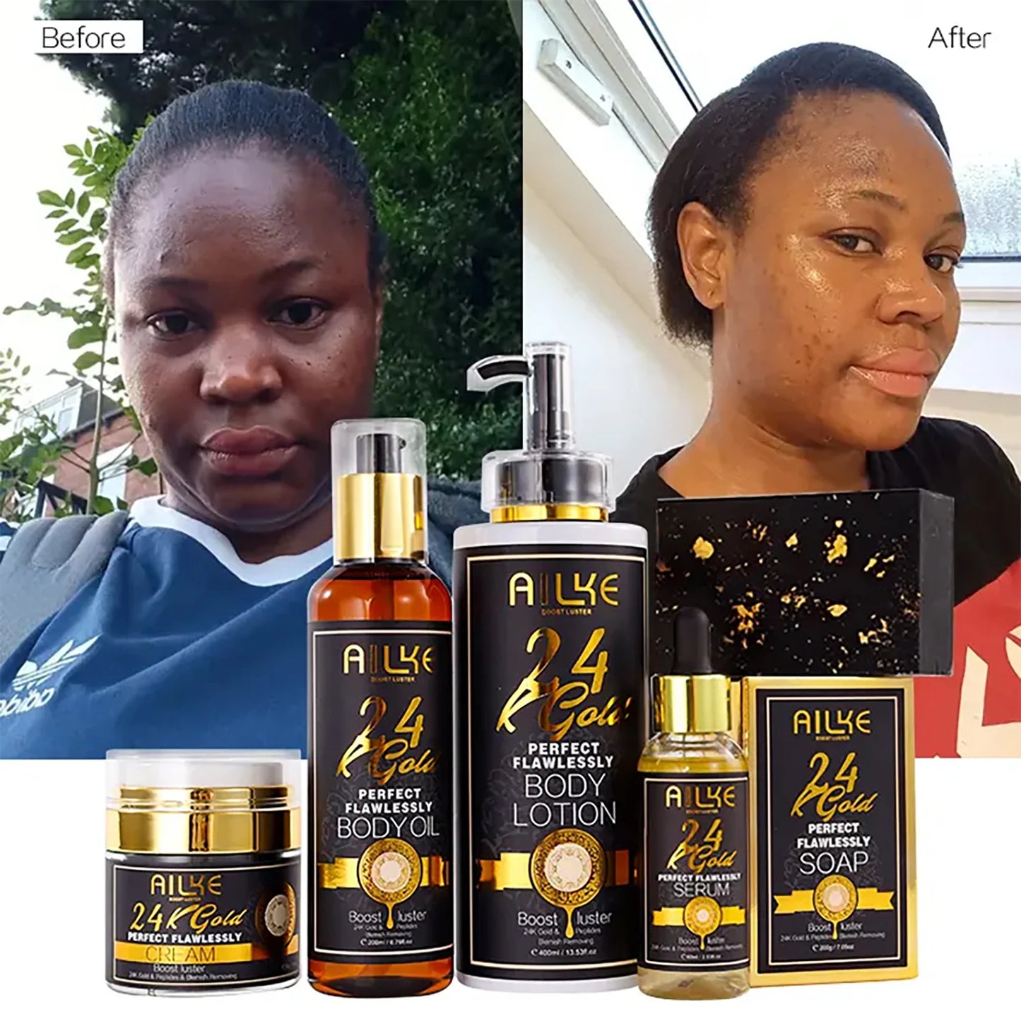 AILKE 24k Gold Flawlessly Whitening Skin Care Set For All Skin Type, Moisturizer, Reduce Black Spots, Smoothing, Brightening