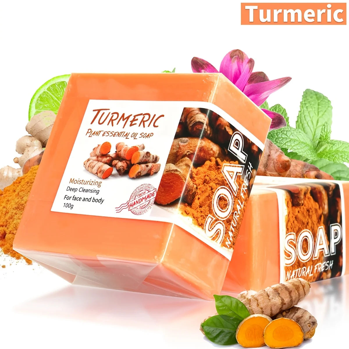 4 piece / Turmeric Cleansing Essential Oil Handmade Soap Skin Deep Cleansing Hydrating Whitening Soap