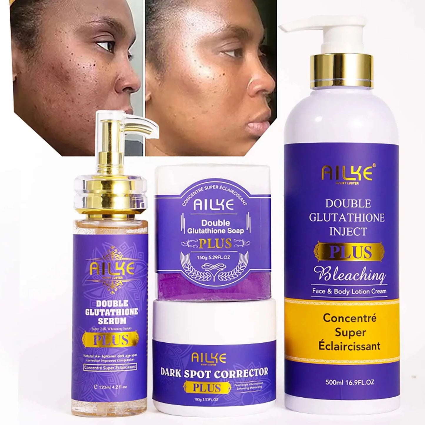AILKE Glutathione PLUS Whitening Skin Care Set, Advanced Lightening Lotion, Moisturizes, Softens, Brighten Kit for Men, Women