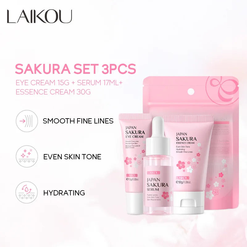 LAIKOU Sakura Skin Care Sets Facial Cleanser Face Cream Serum Toner Moisturizing Brightening Anti Wrinkles Skin Care Kit