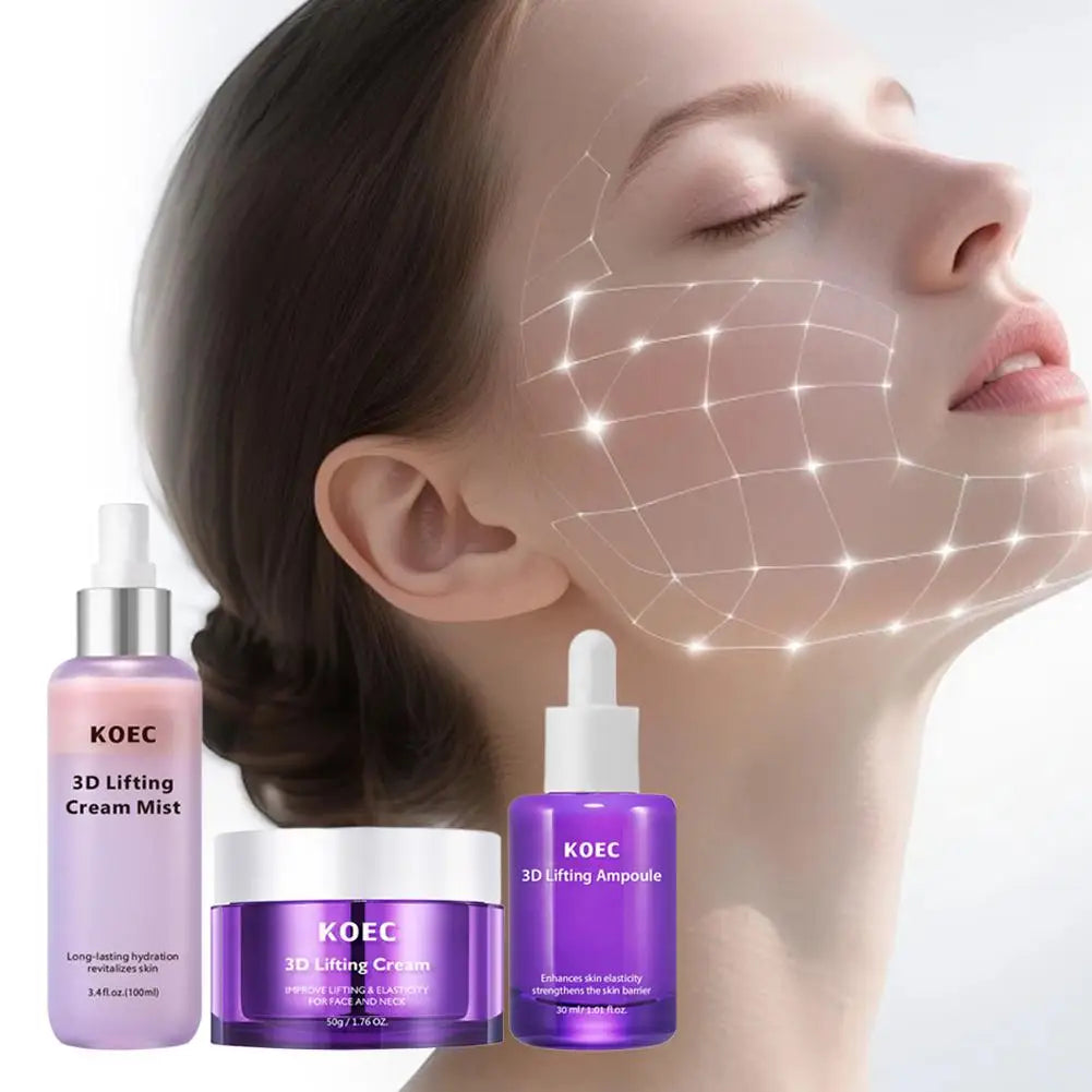 3D Lifting Firming Skincare Trio: Mist/Cream/Serum, Deep Hydration Antiaging Enhance Skin Elasticity Shrink Pores Smoothing Skin