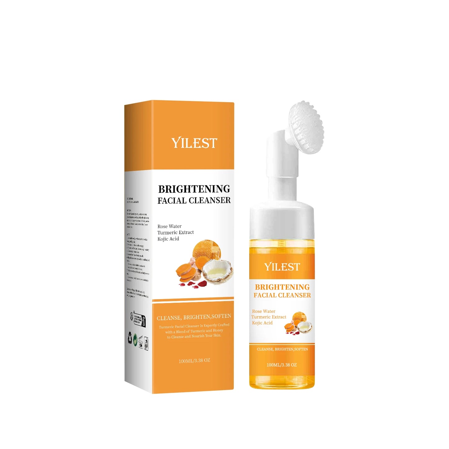 YILEST Brightening Facial Cleanser 100ml - with Kojic Acid, Turmeric & Rose Water, Soft Brush Head for Deep Cleansing, Acne Care