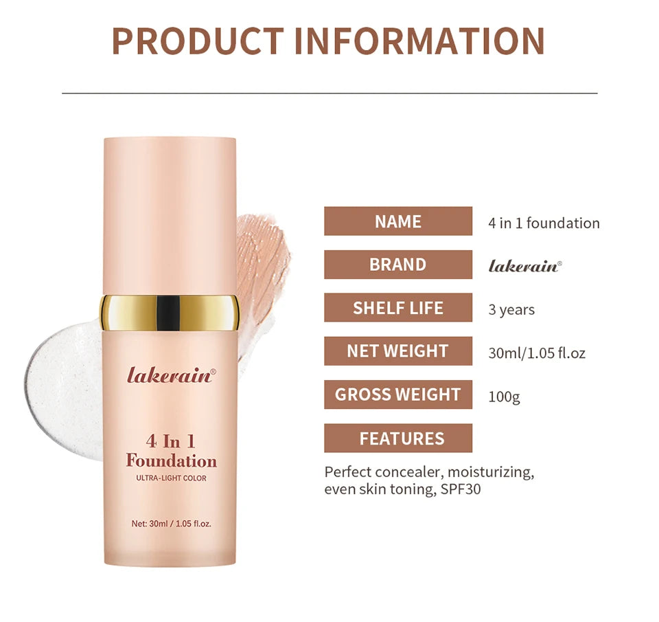 4 In 1 Color Changing Foundation Moisturizer Longwearing Waterproof Concealer Even Skin Toning Sunscreen Spf 30 Whitening Makeup