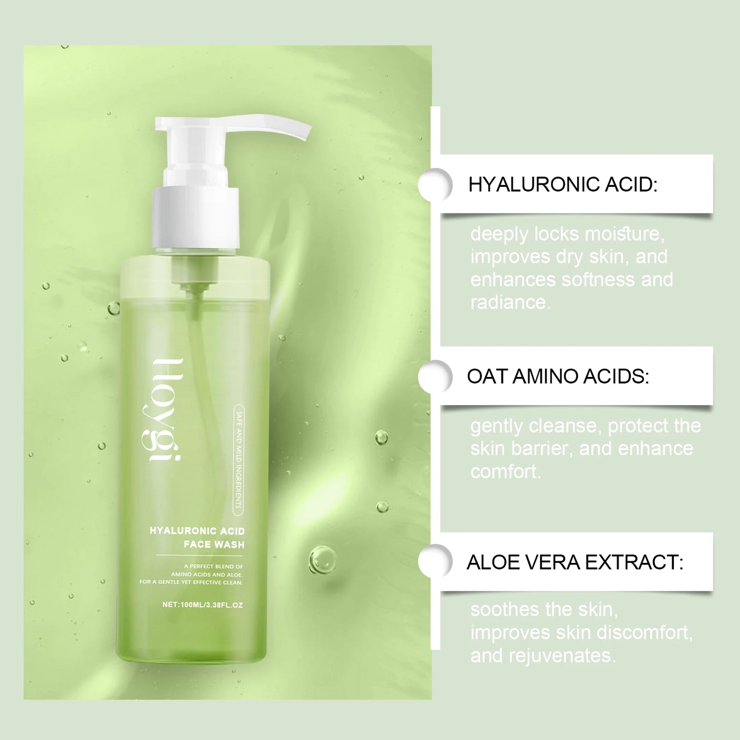 Hoygi Hyaluronic Acid Face Cleanser Gel Deep Pore Cleansing Moisturizing Non Drying Makeup Remover for Sensitive Skin 100ml