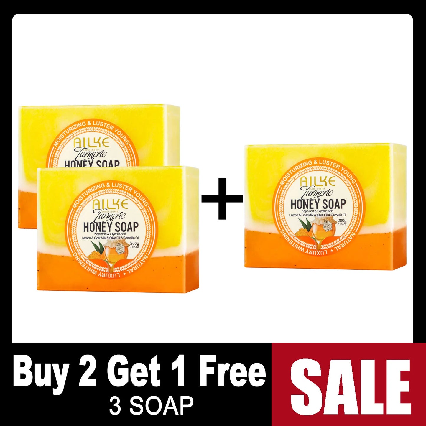 AILKE Natural Turmeric Honey Soap Cleanser, Lightening, Clean Skin, Remove Dark Spots, Stains, for Face and Body, 200g/7 oz