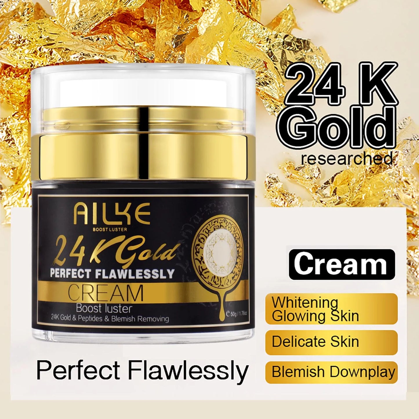AILKE 24k Gold Flawlessly Whitening Skin Care Set For All Skin Type, Moisturizer, Reduce Black Spots, Smoothing, Brightening