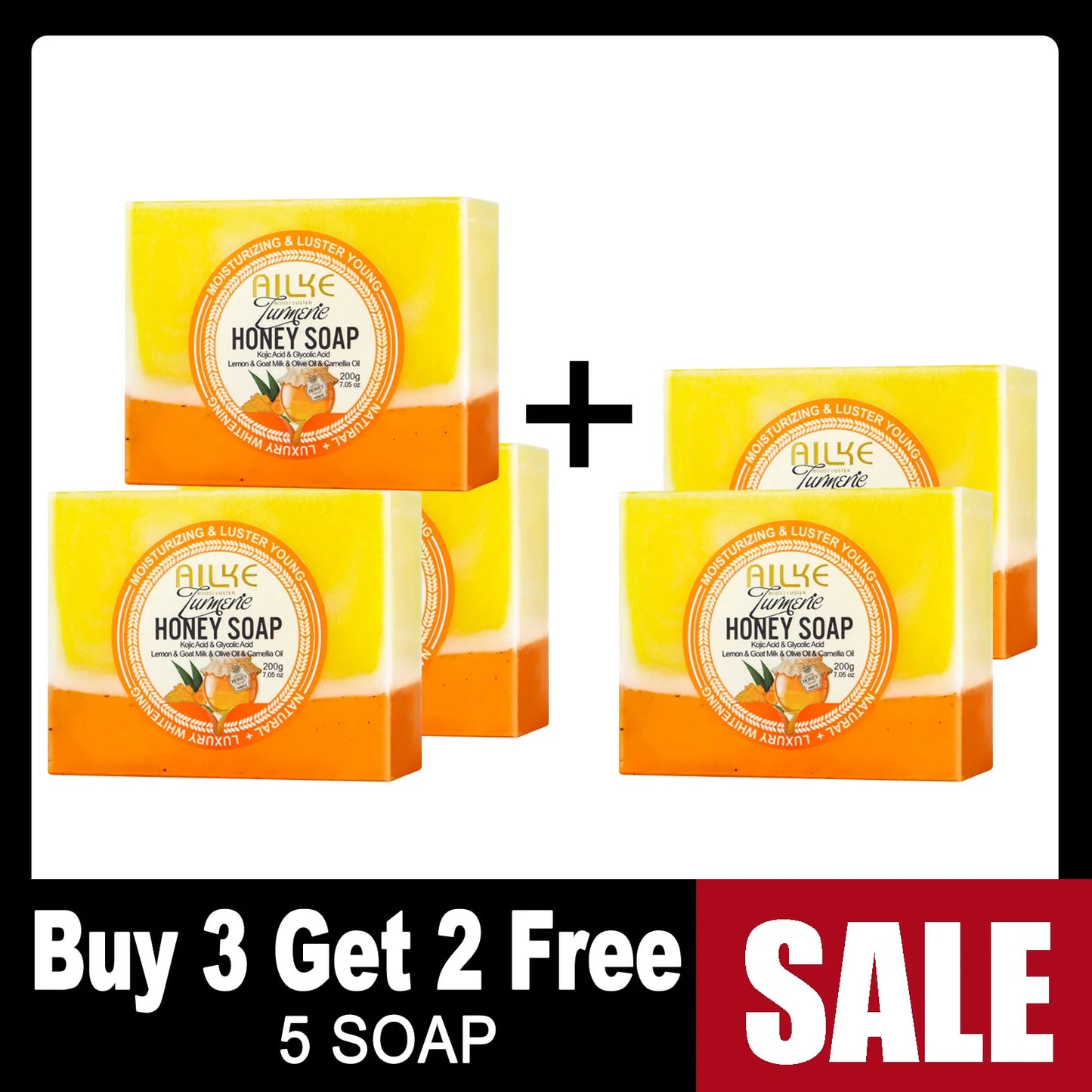 AILKE Natural Turmeric Honey Soap Cleanser, Lightening, Clean Skin, Remove Dark Spots, Stains, for Face and Body, 200g/7 oz