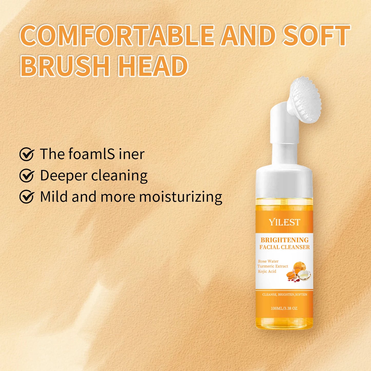 YILEST Brightening Facial Cleanser 100ml - with Kojic Acid, Turmeric & Rose Water, Soft Brush Head for Deep Cleansing, Acne Care