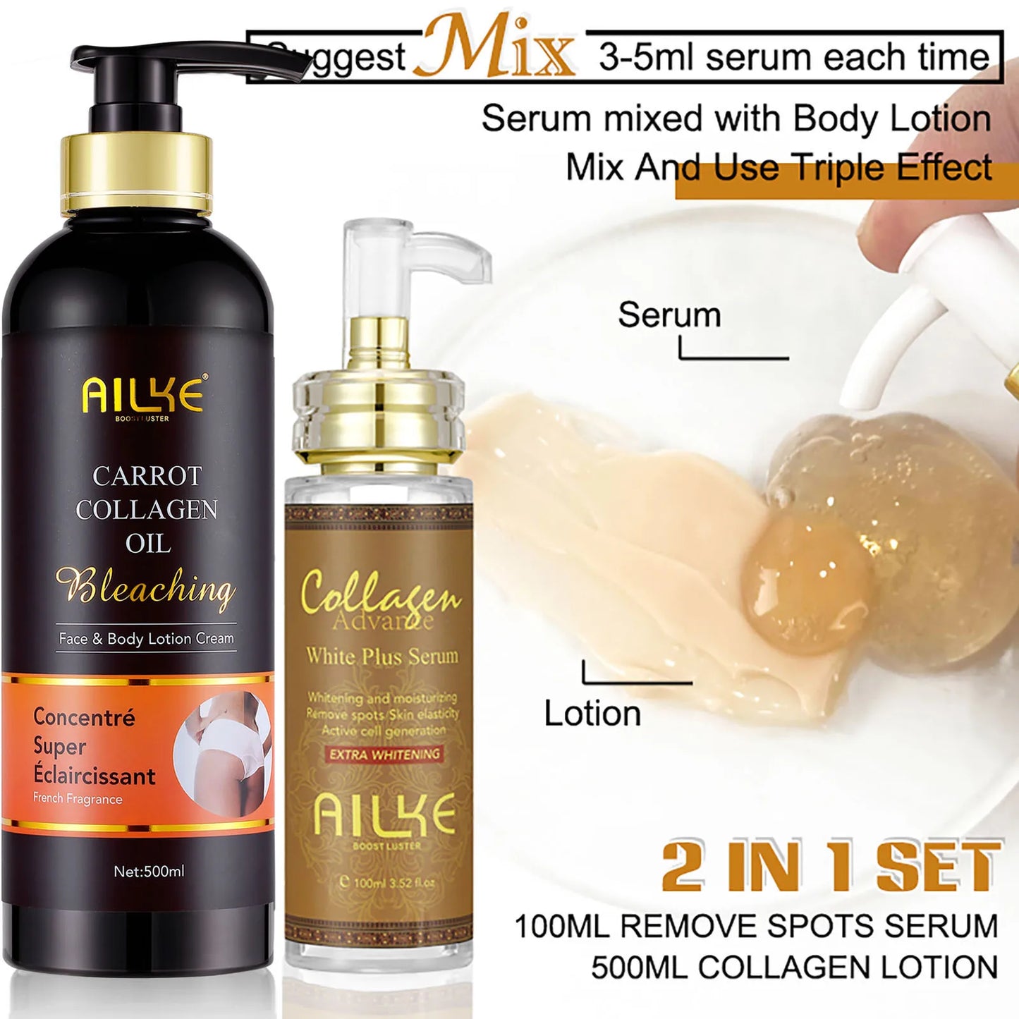 AILKE Whitening Skin Care Kit With Collagen, Natural Carotene, Moisturize, Reduce Dark Spots, Lightening, For All Skin Types