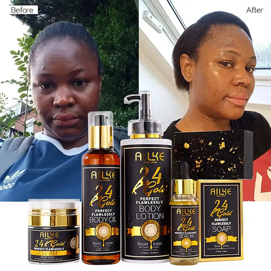 AILKE 24K Whitening Skin Set, Lightening, Remove Black Spots, Melanin, Stains, Even Skin Tone, Moisturizing, for All Skin Types