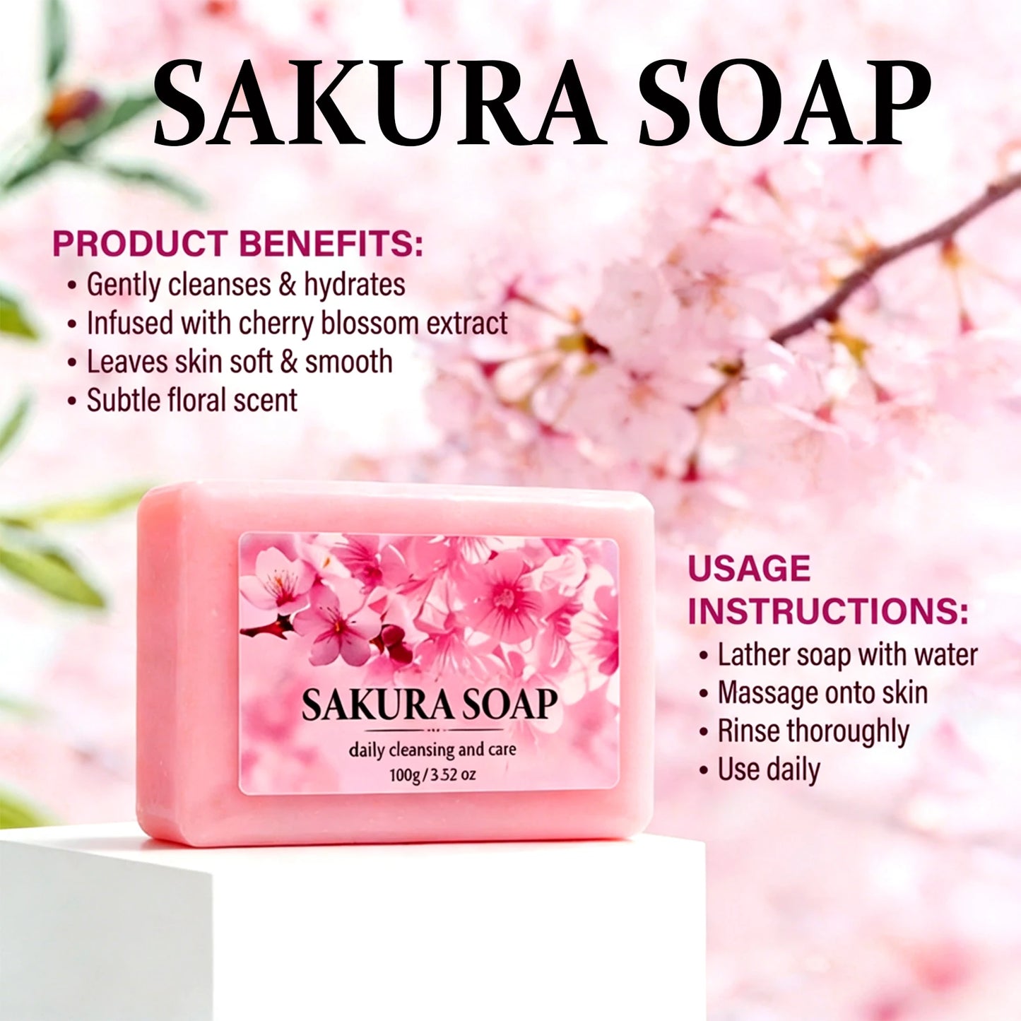 Handmade Sakura Soap With Glycerin Gentle Non-Tightening Long Lasting Scent Face Body Cleansing Soap Gift