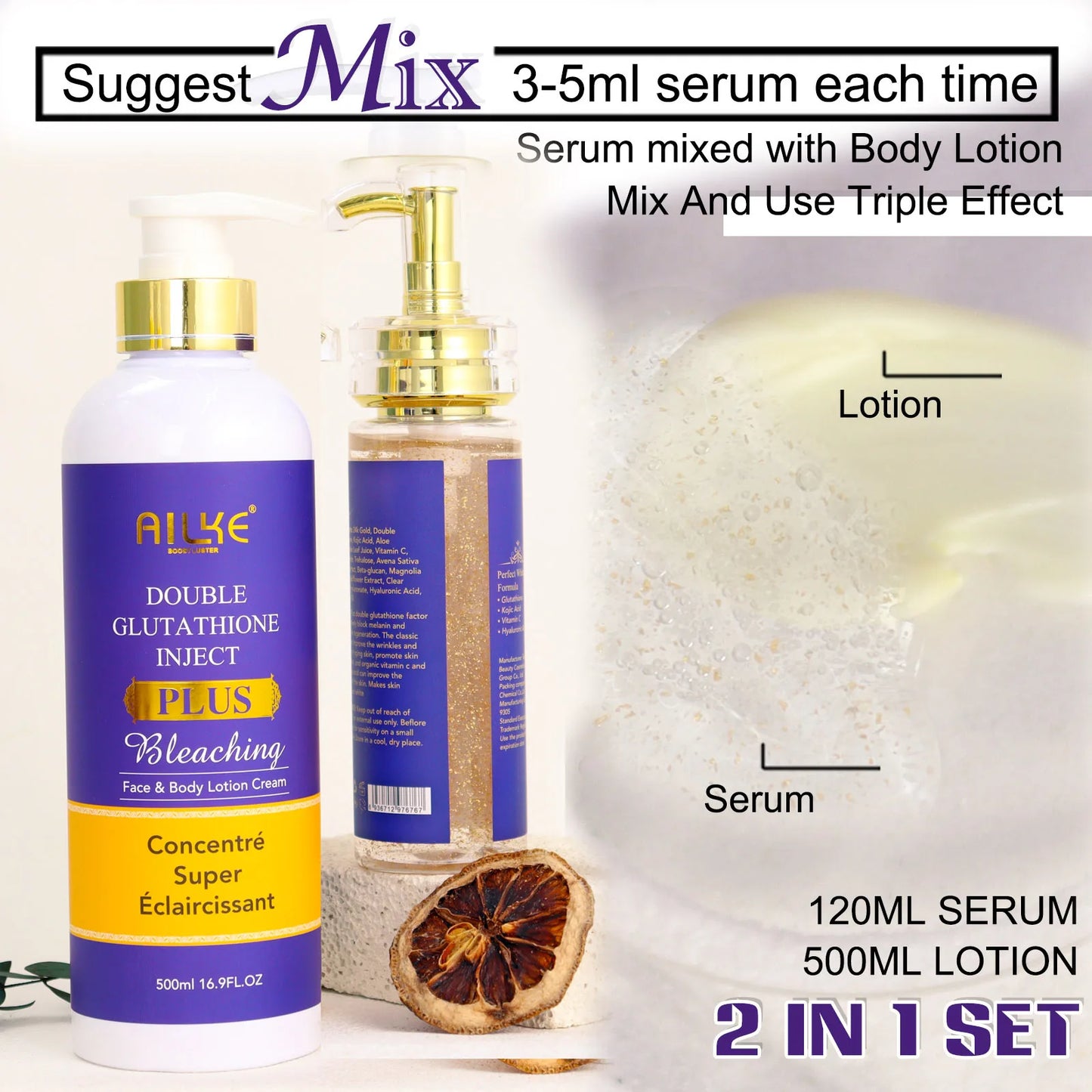 AILKE Glutathione PLUS Whitening Skin Care Set, Advanced Lightening Lotion, Moisturizes, Softens, Brighten Kit for Men, Women