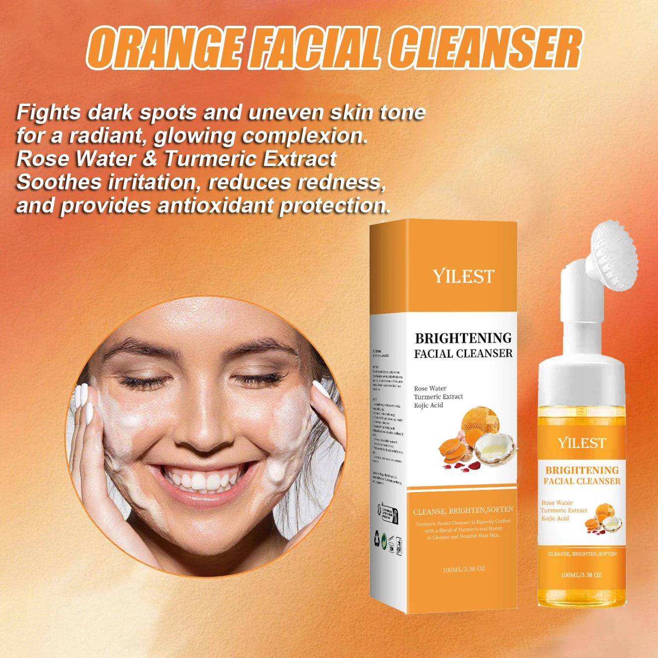 YILEST Brightening Facial Cleanser 100ml - with Kojic Acid, Turmeric & Rose Water, Soft Brush Head for Deep Cleansing, Acne Care