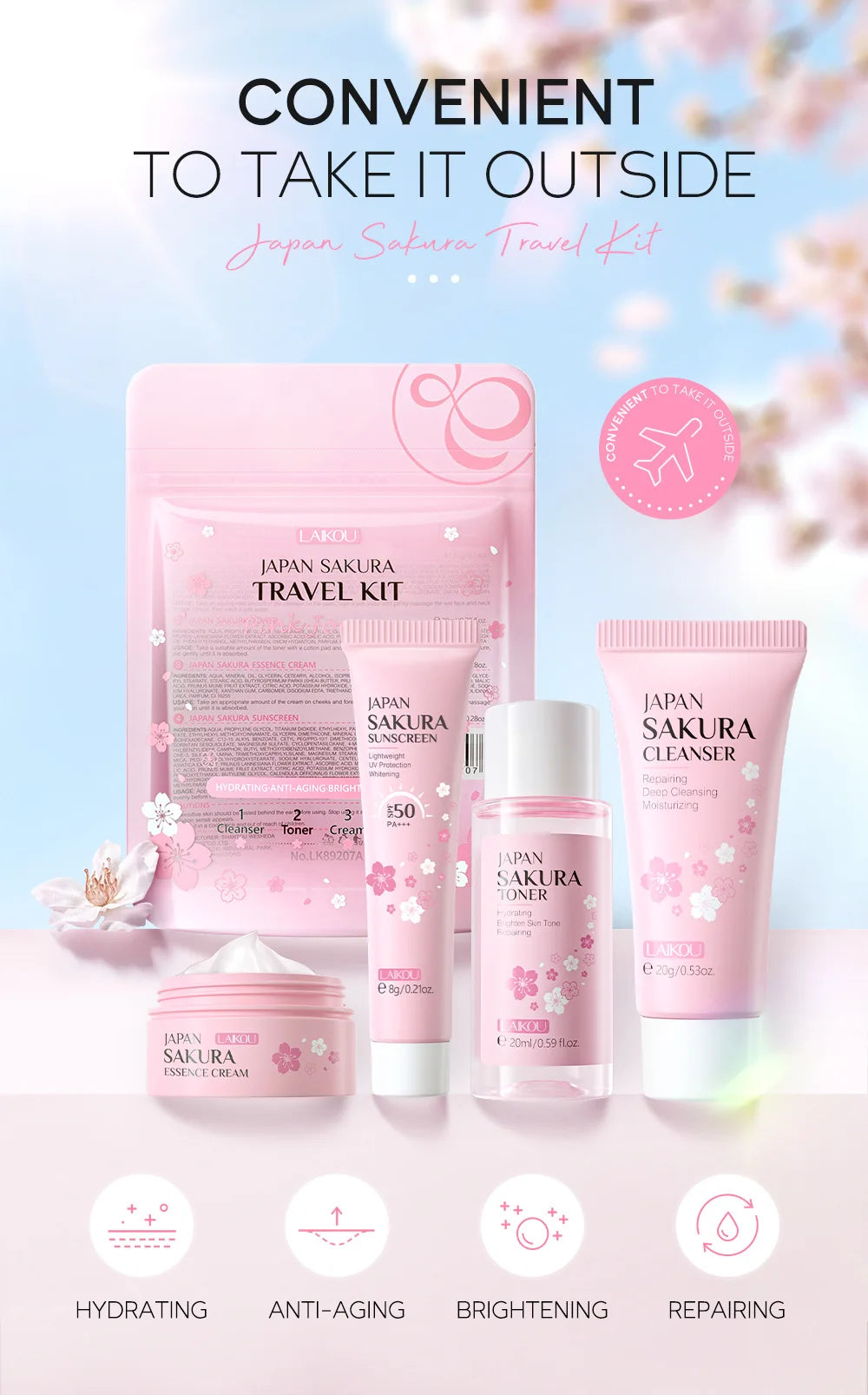 LAIKOU Sakura Skin Care Sets Facial Cleanser Face Cream Serum Toner Moisturizing Brightening Anti Wrinkles Skin Care Kit
